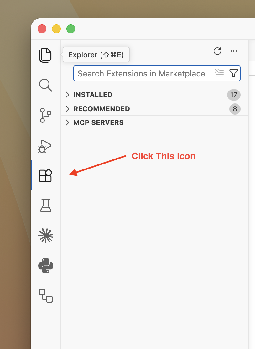 The Extensions icon in the VS Code left sidebar