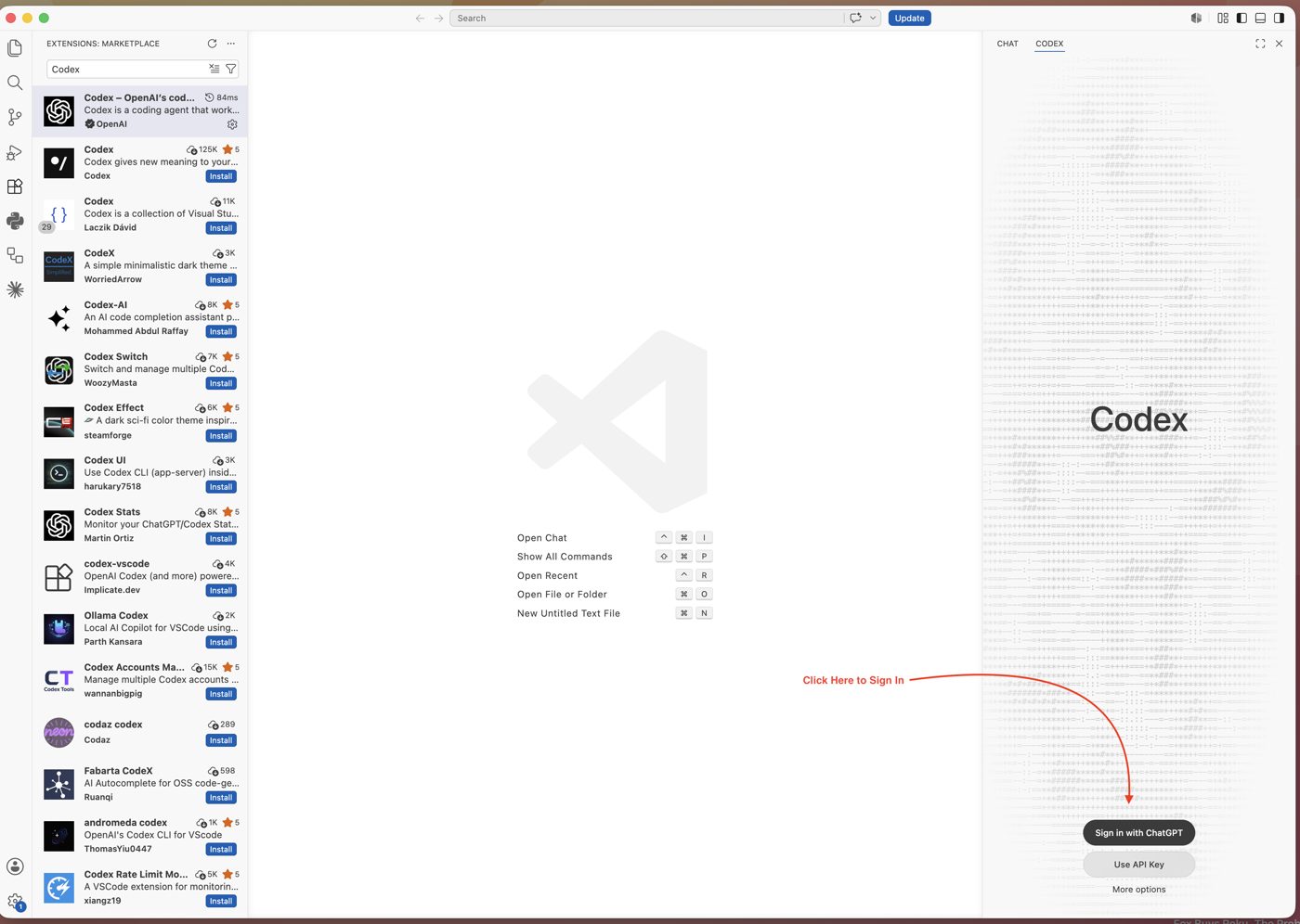 The Codex sign-in panel in VS Code